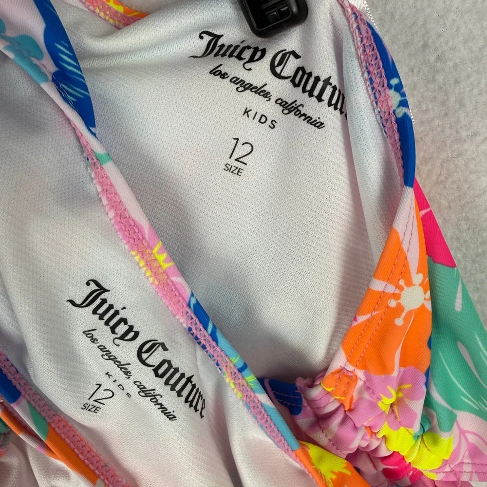 NEW Juicy Couture 2 Piece Swimsuit Kids 12 Pink Colorful Floral Tassel Bikini